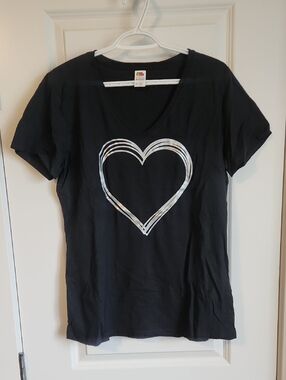 Black V-Neck Tee with Silver Heart Outline